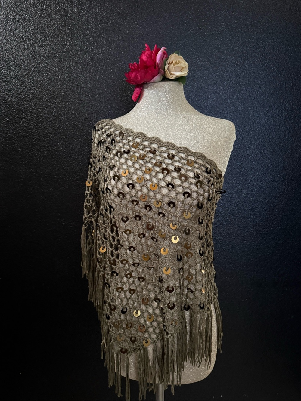 Dizzy Olive Green Crochet Sequin Fringe Poncho